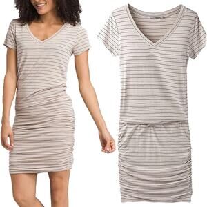 prAna Striped V Neck Midi T Shirt Dress Womens Size S Taupe Gray Ruched Stretch